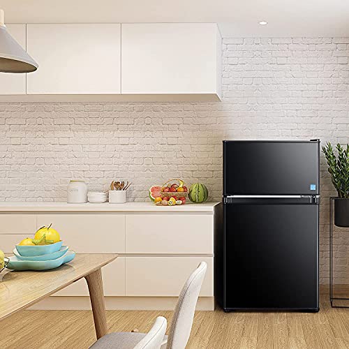 Mini Fridge With Freezer, 3.1 Cu.Ft Refrigerator 2 Doors, Unique Shelf Design, With LED Light, Adjustable Control Thermostat, Small Refrigerator For Bedroom, Office, Dorm, Garage, Black - ‎HPBFR310
