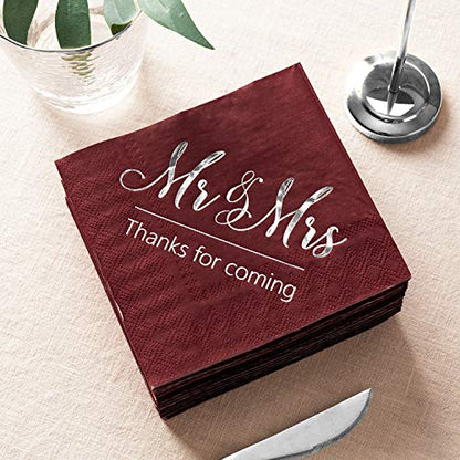  Wedding Napkins Mr Mrs Burgundy Silver Cocktail Beverage Dessert Disposable Napkins For Wedding Shower Engagement Party Decorations, Wedding Table Decor, 100 Pcs, 3-Ply