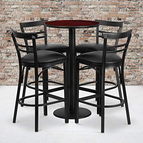  Jamie 24'' Round Walnut Laminate Table Set With Round Base And 4 Two-Slat Ladder Back Metal Barstools - Black Vinyl Seat