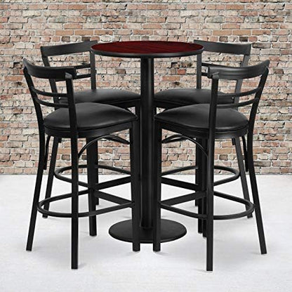  Jamie 24'' Round Walnut Laminate Table Set With Round Base And 4 Two-Slat Ladder Back Metal Barstools - Black Vinyl Seat