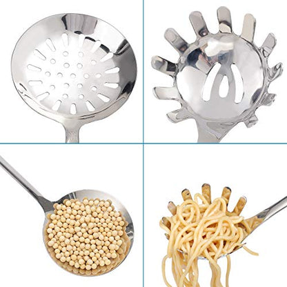  2 PCS Skimmer Spoon And Pasta Server Stainless Steel Spaghetti Fork Slotted Spoon With Gold Plated Vacuum Insulated Handle Kitchen Cooking Utensils For Daily Cooking Use