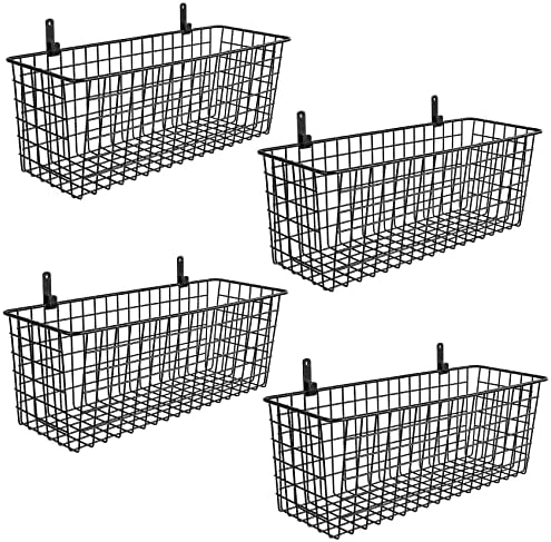  4 Set [Extra Large] Hanging Wall Basket For Storage, Wall Mount Sturdy Steel Wire Baskets, Metal Hang Cabinet Bin Wall Shelves, Rustic Farmhouse Decor, Kitchen Bathroom Organizer, Black