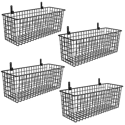  4 Set [Extra Large] Hanging Wall Basket For Storage, Wall Mount Sturdy Steel Wire Baskets, Metal Hang Cabinet Bin Wall Shelves, Rustic Farmhouse Decor, Kitchen Bathroom Organizer, Black