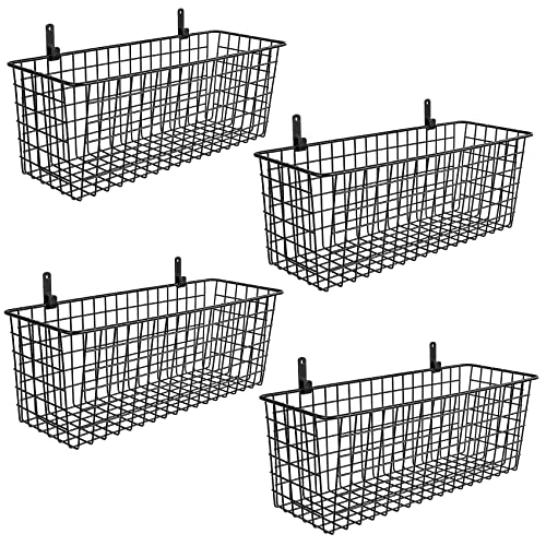  4 Set [Extra Large] Hanging Wall Basket For Storage, Wall Mount Sturdy Steel Wire Baskets, Metal Hang Cabinet Bin Wall Shelves, Rustic Farmhouse Decor, Kitchen Bathroom Organizer, Black
