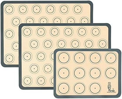  Baking Mat Macaron - Set Of 3 (2 Half Sheet Liners And 1 Quarter Sheet), Non Stick Silicon Cookie Oven Liner For Macaroons, Bake Pans, Pizza, Toaster, Cake And Bread Making (Red,Blue,Gray)