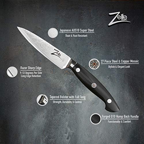  Japanese Paring Knife 4.25 Inch, Paring Knives, Small Knife, Pairing Knife Kitchen, Fruit Knife - Japanese AUS-10 Super Steel 45-Layer Damascus Knife - Deeper Blade - Leather Sheath