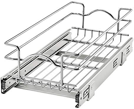  Rev-A-Shelf 5WB1-0918CR-1 8.5 X 18 Inch Single Wire Pull Out Shelf Storage Basket Organizer W/100lb Weight Capacity For Kitchen Base Cabinets, Silver
