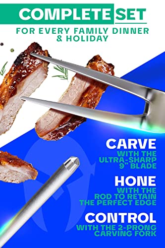  Carving Knife & Fork Set - Gladiator Series Elite - Forged German High-Carbon Steel - 4pc - 9" Carving Knife & Sheath - Hollow Ground - 8" Honing Rod - Matching Fork - NSF Certified
