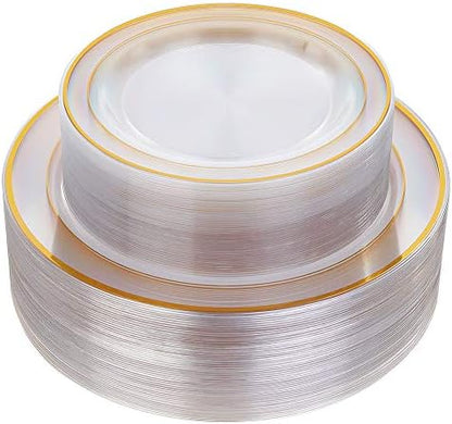  I00000 96 Pcs Plastic Gold Plates, Gold Disposable Plates Includes: 48 Dinner Plates 10.25" And 48 Dessert Plates 7.5 ", Premium Clear Plate Prefect For Wedding, Clear Gold Plates And Salad For Party