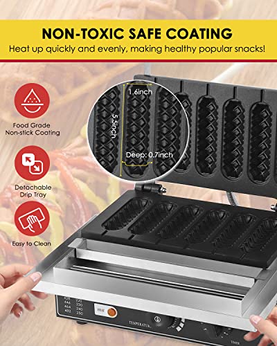  Commercial Corn Dog Waffle Maker Machine 6 PCS 1550W Hot Dog Cheese Stick Press Iron, 50-300℃ Temp Control, 5-min Timer French Muffin Cooker 110V