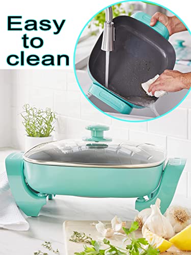  Electric Skillet Ceramic Nonstick 5QT - 12" Square With Glass Lid, Adjustable Temperature Control, Dishwasher Safe, Turquoise, Nozaya