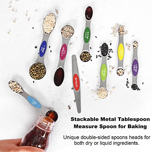  Magnetic Measuring Spoons Set Stainless Steel With Leveler,Multicolors Measuring Cups And Spoon Set Kitchen Gadgets Apartment Essentials Fits In Spice Jars,Stackable Metal Tablespoon Spoon For Baking