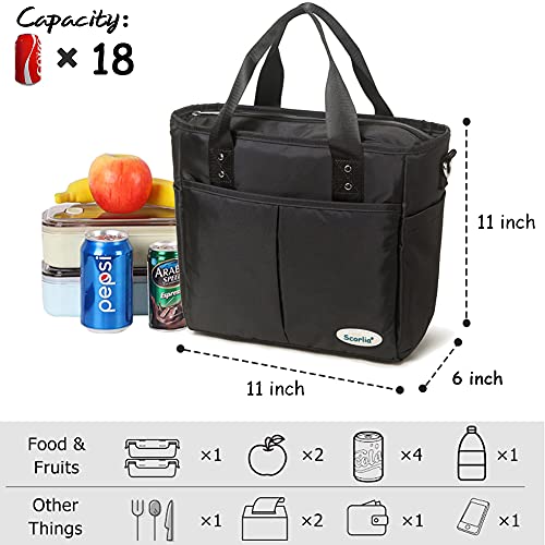  Insulated Lunch Bag, Extra Large Lunch Tote Bag With Removable Shoulder Strap, Durable Reusable Cooler Lunch Box Bag With Side Pockets, Tall Drinks Holder For Women Men Work, Black