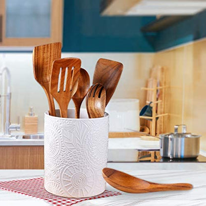  Ceramic Utensil Holder For Countertop, Large Utensil Holder Farmhouse Utensil Crock For Kitchen & Dining Table, White Cooking Utensil Holder,Relief Design, White Color