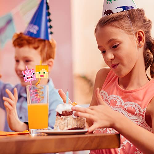  24Pcs Miner Craft Birthday Party Supplies Reusable Drinking Straws,8 Designs Pixel Themed Party Favors With 2 Cleaning Brush MWXG