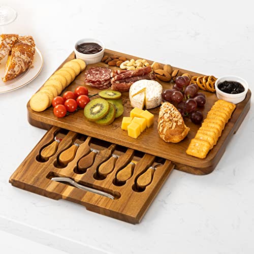 Acacia Wood Cheese Board & Knife Set Extra Large Charcuterie Boards Set & Accessories House Warming Gift Perfect Choice For Christmas Wedding