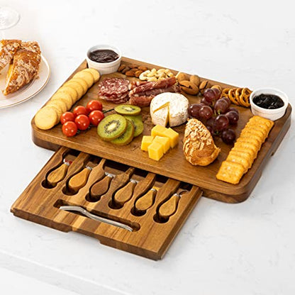  Acacia Wood Cheese Board & Knife Set Extra Large Charcuterie Boards Set & Accessories House Warming Gift Perfect Choice For Christmas Wedding