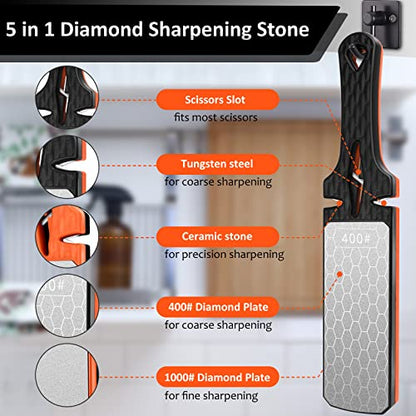  Diamond Sharpening Stone, 5-In-1 Knife Sharpening Stone Double-Sided 400/1000 Grit Honeycomb Surface Knife Sharpener Stone Whetstone Ceramic &Tungsten Steel Scissors Knives