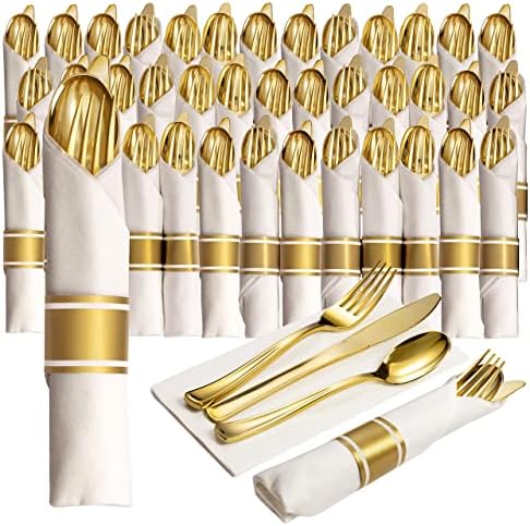  50 Pre Rolled Gold Plastic Silverware - 200pc Set, Service For 50 - Wrapped Disposable Silverware Set With Forks, Knives, Spoons, White Napkins - Fancy Decorative Flatware For Dinner, Party, Wedding