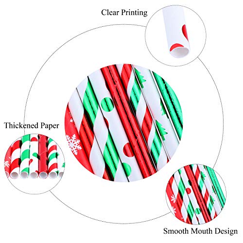  200 Pieces Christmas Foil Paper Straws Red Green White Stripe And Dots Christmas Tree Snowflake Biodegradable Drinking Straws For Christmas Party Supplies, 8 Style