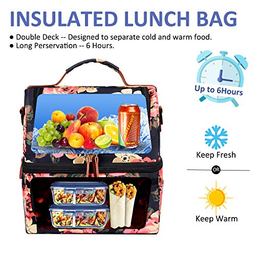  Lunch Bag Women Double Deck Insulated Lunch Box Large Cooler Tote Bag With Removable Shoulder Strap Wide Open Thermal Meal Prep Lunch Organizer Box For Adults Work/Outdoor, Black Peony
