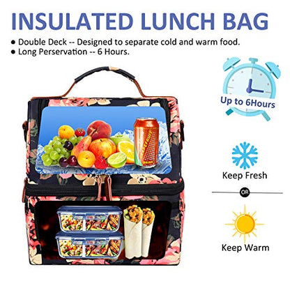  Lunch Bag Women Double Deck Insulated Lunch Box Large Cooler Tote Bag With Removable Shoulder Strap Wide Open Thermal Meal Prep Lunch Organizer Box For Adults Work/Outdoor, Black Peony