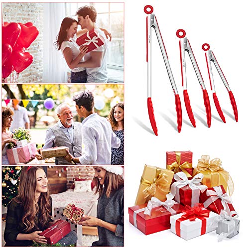  Kitchen Tongs With Silicone Tip, 12-inch ，9-inch And 7-inch Stainless-Stee Multi-functional Gripper For Cooking, Barbecue, Salad, Grilling, Frying, Set Of 3 (Red) (Red)