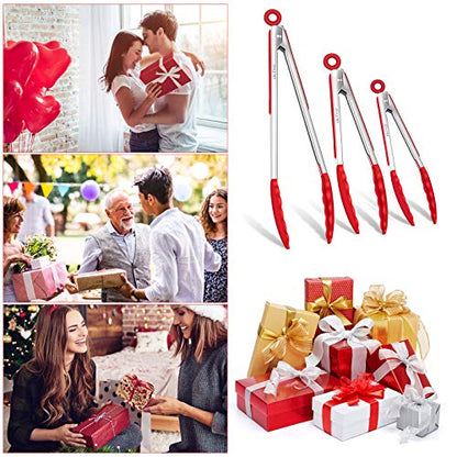  Kitchen Tongs With Silicone Tip, 12-inch ，9-inch And 7-inch Stainless-Stee Multi-functional Gripper For Cooking, Barbecue, Salad, Grilling, Frying, Set Of 3 (Red) (Red)