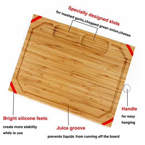  Nique Large Bamboo Cutting Board, 17.7'' Organic Chopping Board With Non-slip Rubber Grips, With 2 Specially Designed Compartments For Chopped Garlic Onion Meat