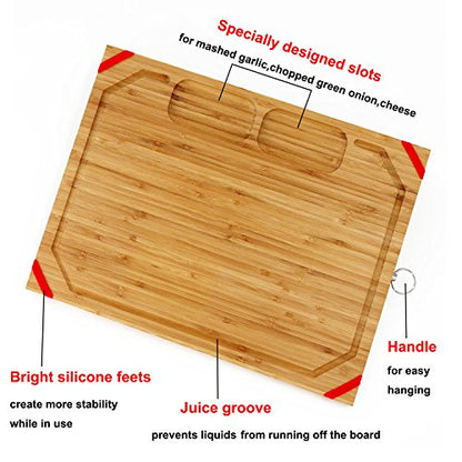  Nique Large Bamboo Cutting Board, 17.7'' Organic Chopping Board With Non-slip Rubber Grips, With 2 Specially Designed Compartments For Chopped Garlic Onion Meat