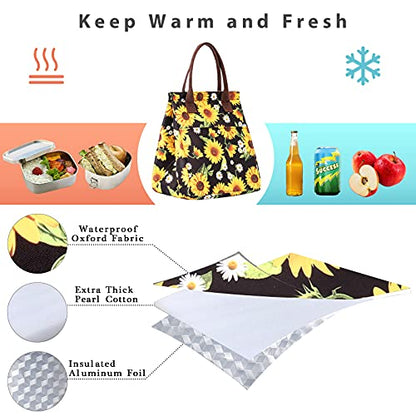  Lunch Bag Insulated Lunch Tote Bag Lunch Box Durable Lunch Container Cooler Bag With Front Pocket Reusable Lunch Bags For Women Men Adults Girls Work Hiking Picnic-Sunflowers