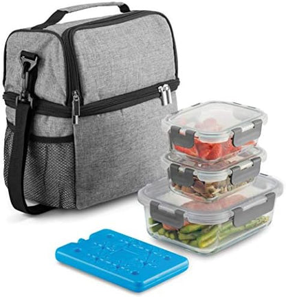  INEDINE Lunch Bag With Glass Containers - Insulated Lunch Box For Women And Men - Leakproof Locking Lids & Ice Pack - 2-Compartment Cooler Tote For Work (Black)