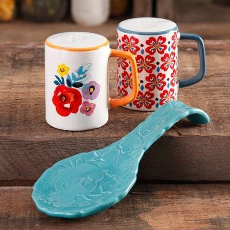  Flea Market Stoneware ( Turquoise ) Spoon Rest & Salt And Pepper Set