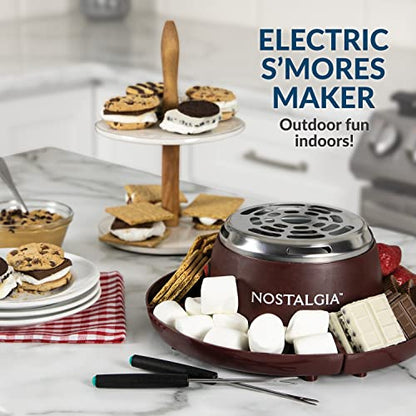  MyMini Electric S'mores Maker, Tabletop Indoor Machine With 4 Compartment Trays For Graham Crackers, Chocolate, Marshmallows, 2 Forks, Brown