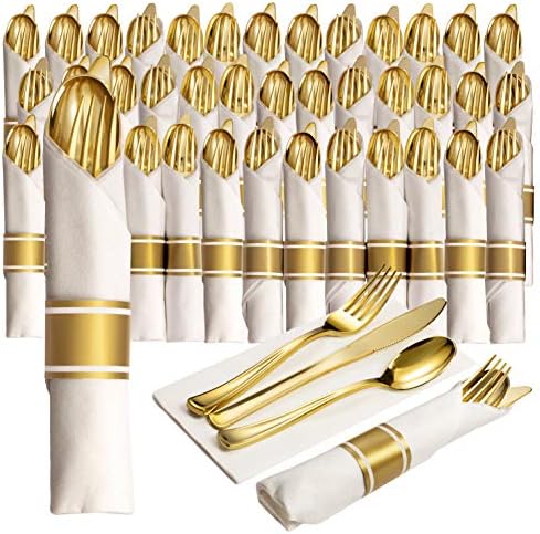  50 Pre Rolled Gold Plastic Silverware - 200pc Set, Service For 50 - Wrapped Disposable Silverware Set With Forks, Knives, Spoons, White Napkins - Fancy Decorative Flatware For Dinner, Party, Wedding