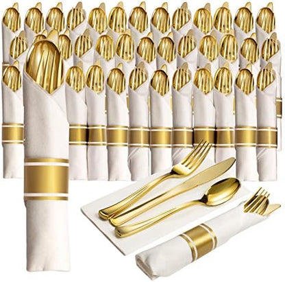  50 Pre Rolled Gold Plastic Silverware - 200pc Set, Service For 50 - Wrapped Disposable Silverware Set With Forks, Knives, Spoons, White Napkins - Fancy Decorative Flatware For Dinner, Party, Wedding