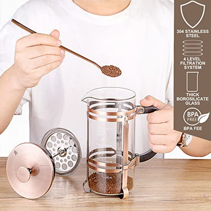  French Press Coffee Maker (34 Oz) With 4 Filters - 304 Durable Stainless Steel, Heat Resistant Borosilicate Glass Coffee Press, BPA （include 1 Cleaning Brush,1 Spoon And 2 Spare Filter Screen）