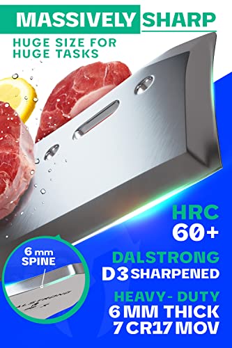  Obliterator Meat Cleaver - 9 Inch - Gladiator Series R - Wood Stand And Sheath - Razor Sharp Massive Heavy Duty - 3lbs 6mm Thickness - 7CR17MOV Steel Kitchen - G10 Handle - NSF Certified