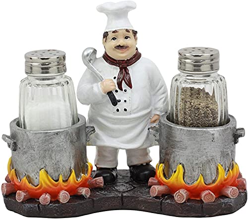  Bouillon French Chef Jean With Flaming Double Cauldron Pots Salt And Pepper Shakers Holder Figurine For Kitchen Dining Table Hosting Spice Rack Accessories Gift Ideas For Women Men Chefs Cooks