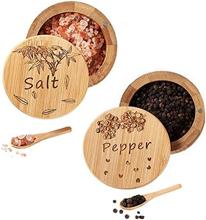  Salt Cellar, Bamboo Salt Box, Salt Container With Spoon, Salt Holder With Lid, Salt Shaker, Cumin And Pepper Bowl With Magnetic Swivel Lid (1 Box With Engraved Salt)… (2 PCS)