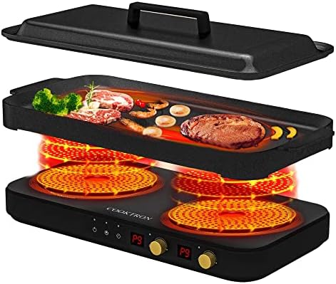  Portable Induction Cooktop 2 Burner With Removable Iron Cast Griddle Pan Non-stick, 1800W Double Induction Cooktop With Child Safety Lock & Time, Great For Family Party