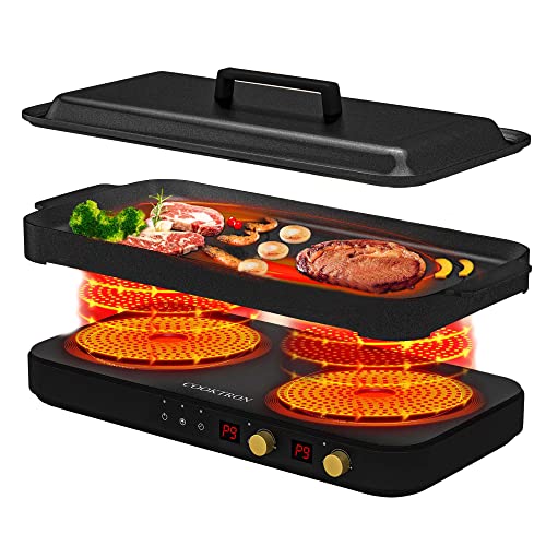  Portable Induction Cooktop 2 Burner With Removable Iron Cast Griddle Pan Non-stick, 1800W Double Induction Cooktop With Child Safety Lock & Time, Great For Family Party