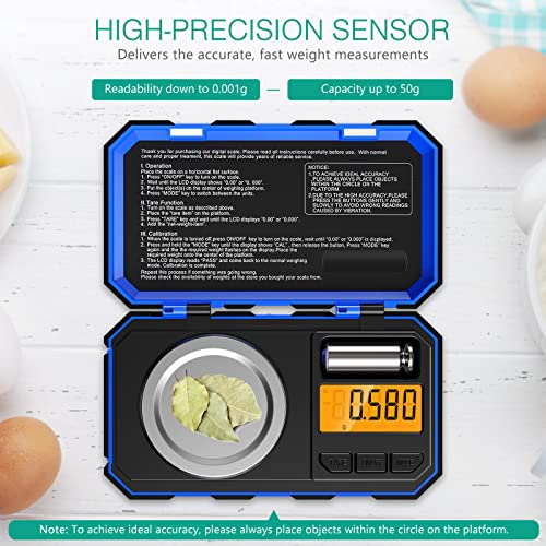  Digital Pocket Scale, Digital Milligram Scale, 1.76oz/ 0.001g Pocket Jewelry Scale With Tweezers, Calibration Weights, 6 Units, Backlit Display, Auto Off, Tare Function, Blue