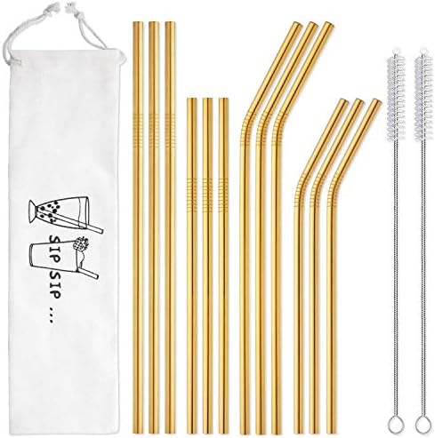  Iware 12-Pack Reusable Stainless Steel Metal Straws With Case - Long Drinking Straws For 30 Oz And 20 Oz Tumblers Yeti Dishwasher Safe - 2 Cleaning Brushes Included