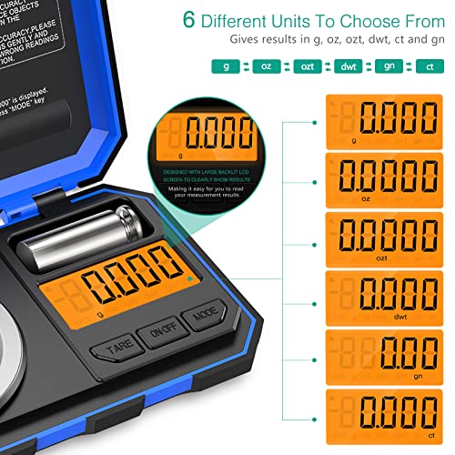  Digital Pocket Scale, Digital Milligram Scale, 1.76oz/ 0.001g Pocket Jewelry Scale With Tweezers, Calibration Weights, 6 Units, Backlit Display, Auto Off, Tare Function, Blue