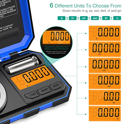  Digital Pocket Scale, Digital Milligram Scale, 1.76oz/ 0.001g Pocket Jewelry Scale With Tweezers, Calibration Weights, 6 Units, Backlit Display, Auto Off, Tare Function, Blue