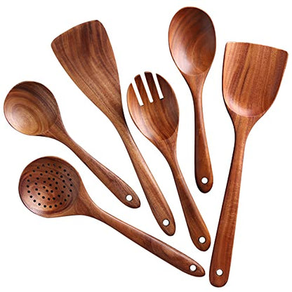  Wooden Spoons For Cooking, 6 Pcs Wooden Utensils For Cooking, Natural Teak Wood Non-Stick Cooking Spoons, Comfort Grip Wood Utensils Set For Kitchen