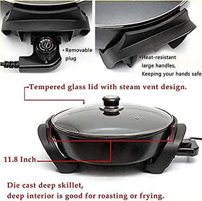  Extra Deep Electric Skillet Nonstick - Adjustable Temperature Control Aluminum Electric Fryer (12 Inch)