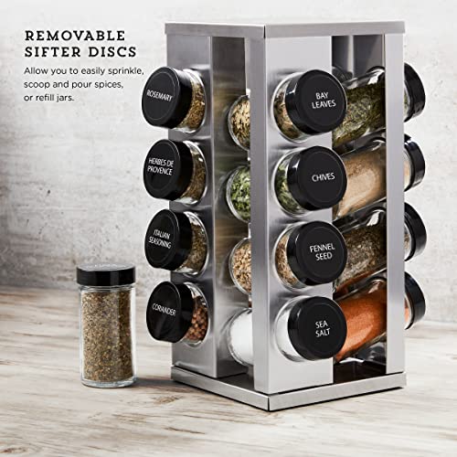  Kamenstein 16 Jar Heritage Revolving Countertop Spice Rack Organizer With Spices Included, FREE Spice Refills For 5 Years, Brushed Stainless Steel With Black Caps
