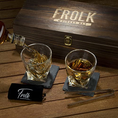 Whiskey Bullet Shaped Stones Gift Set For Men - 10 Bullets Chilling Stainless-Steel Whiskey Rocks - 11oz 2 Large Twisted Whiskey Glasses, Slate Coasters, Tongs - Premium Set In Pine Wood Box